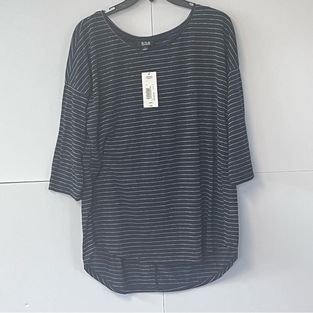 NEW Women’s a.n.a. Navy and silver striped 3/4 sleeve shirt. Size Large.
